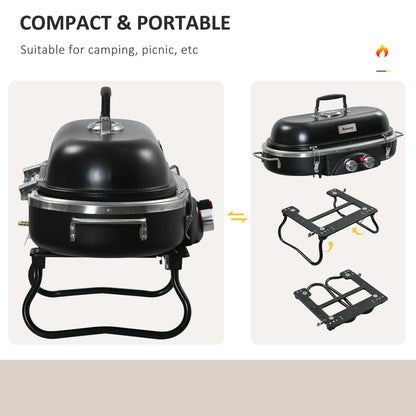 Outsunny Foldable Gas BBQ Grill 2 Burner Table Top Barbecue with Lid Piezo Ignition Thermometer for Camping Picnic Cooking, Aluminium Alloy