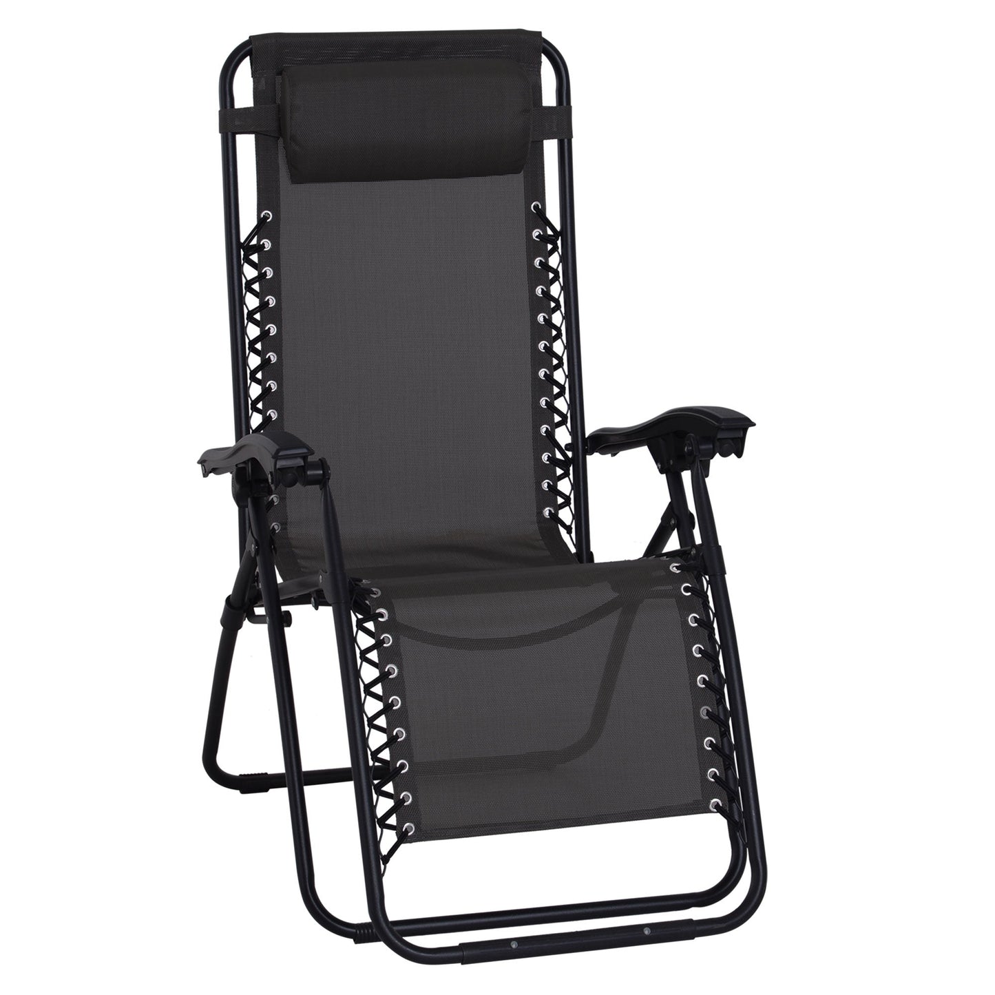 Outsunny Zero Gravity Chair Metal Frame Texteline Armchair Outdoor Folding and Reclining Sun Lounger with Head Pillow for Patio Decking Gardens Camping, Black