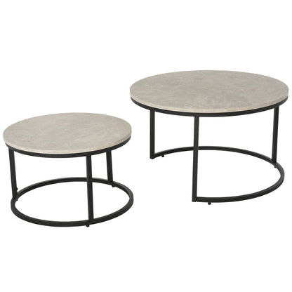 2 Piece Stacking Coffee Table Set w/ Steel Frame Marble-Effect Top Foot Pads Nest of Tables Storage Display Black/Grey