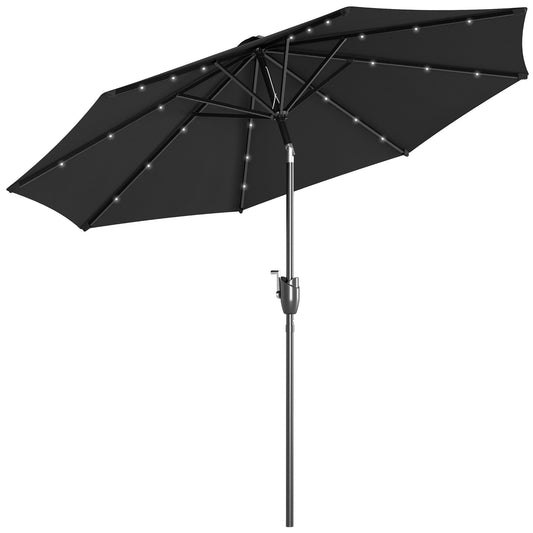 Outsunny 2,7 ​​m Parasol ogrodowy Solarny Zewnętrzny Parasol słoneczny z uchylnym dachem Patio z 24 diodami LED, korbą ręczną i 8 żebrami, czarny