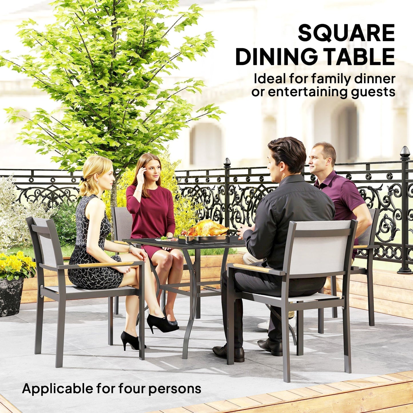 Outsunny 94 x 94 cm Garden Table with Parasol Hole, Outdoor Dining Garden Table for Four with Slatted Metal Plate Top, Dark Grey