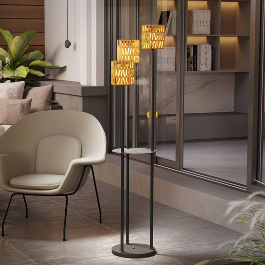 Lampa podłogowa Outsunny Boho Rattan, 3-lampowa lampa rattanowa z półką, wolnostojąca lampa ogrodowa solarna z automatycznym włączaniem/wyłączaniem, IP44 wodoodporna, na werandę, ścieżkę, taras, żółta
