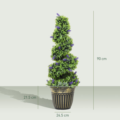 HOMCOM Zestaw 2 dekoracyjnych roślin sztucznych, bukszpan spiralny z drzewem topiary z lawendą i doniczką, sztuczne rośliny do dekoracji domu wewnątrz i na zewnątrz, 90 cm