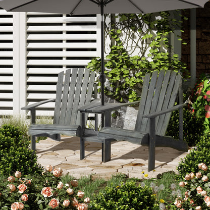 Drewniana sofa ogrodowa Outsunny Double Adirondack Chairs z podwójnymi krzesłami, stolikiem centralnym i otworem na parasol, meble ogrodowe do wypoczynku i relaksu, kolor szary