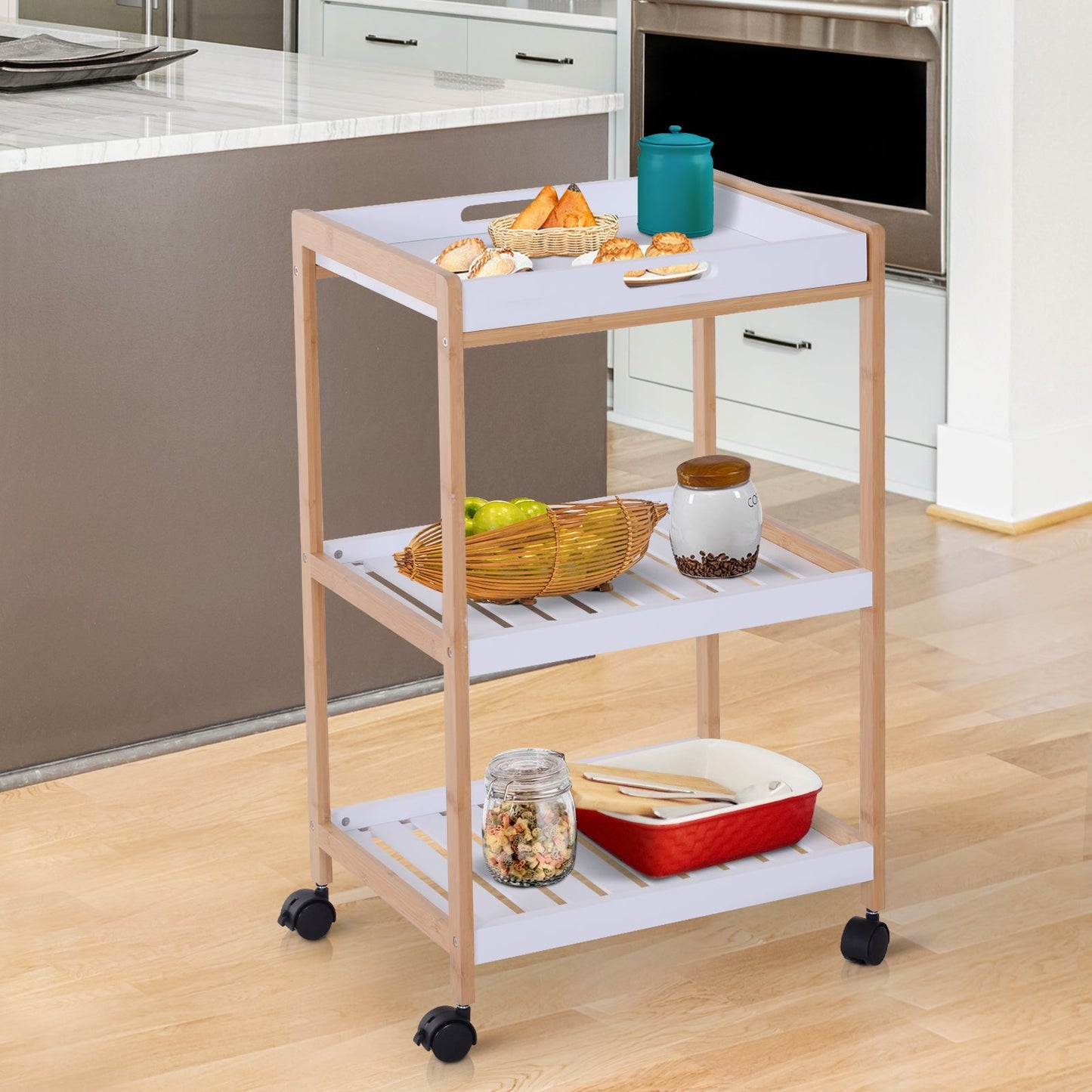 3-Tier Mobile Kitchen Trolley Cart Storage Shelves Rack Rolling Wheels White 46 x 35 x 74.5 cm