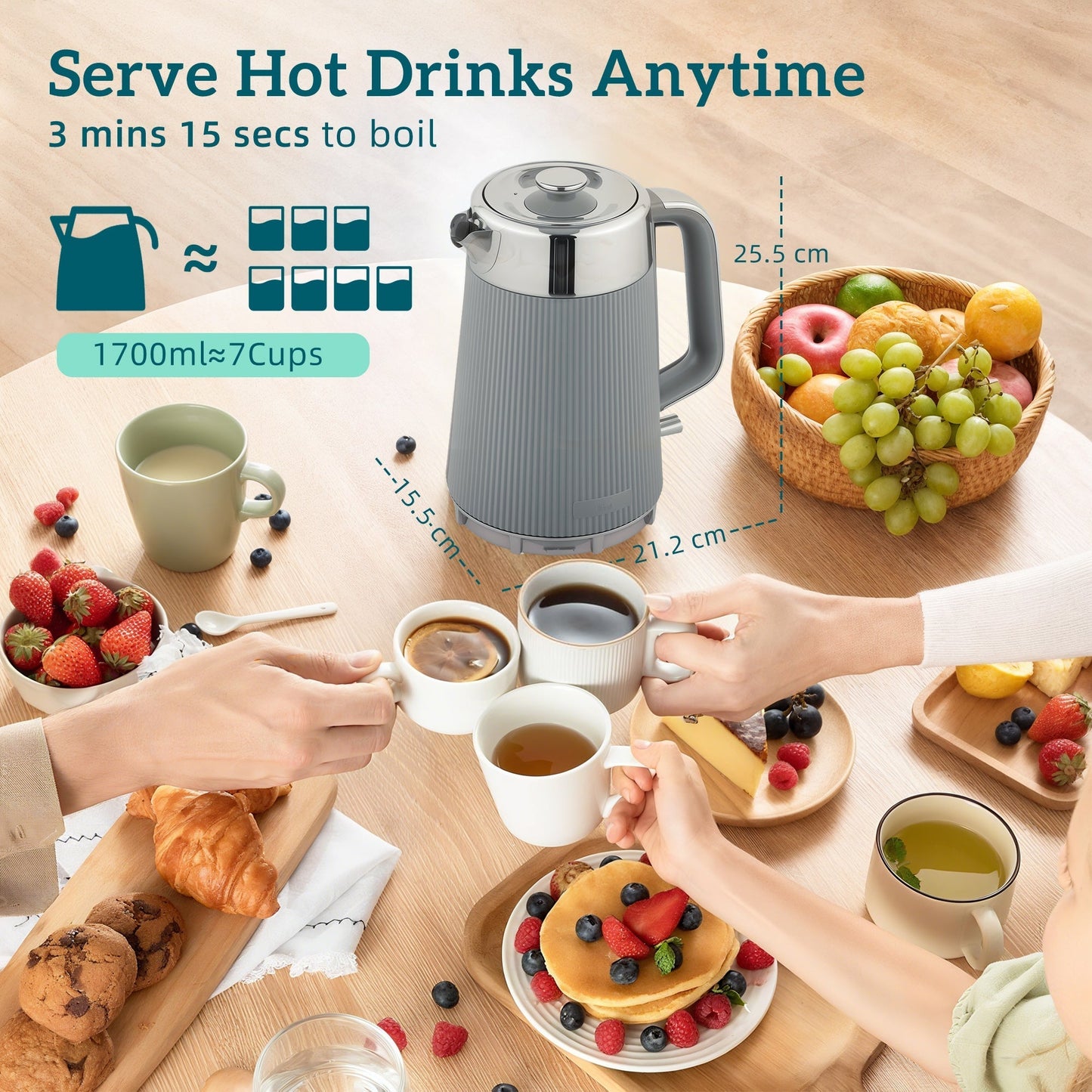 HOMCOM Electric Stainless Steel Kettle and Toaster Set, 3000W 1.7L UK Strix Thermostat Fast Boil Kettle w/ Limescale Filter, Cool Touch Body, 4 Slice Toaster with 7 Browning Levels, Crumb Tray, Tan