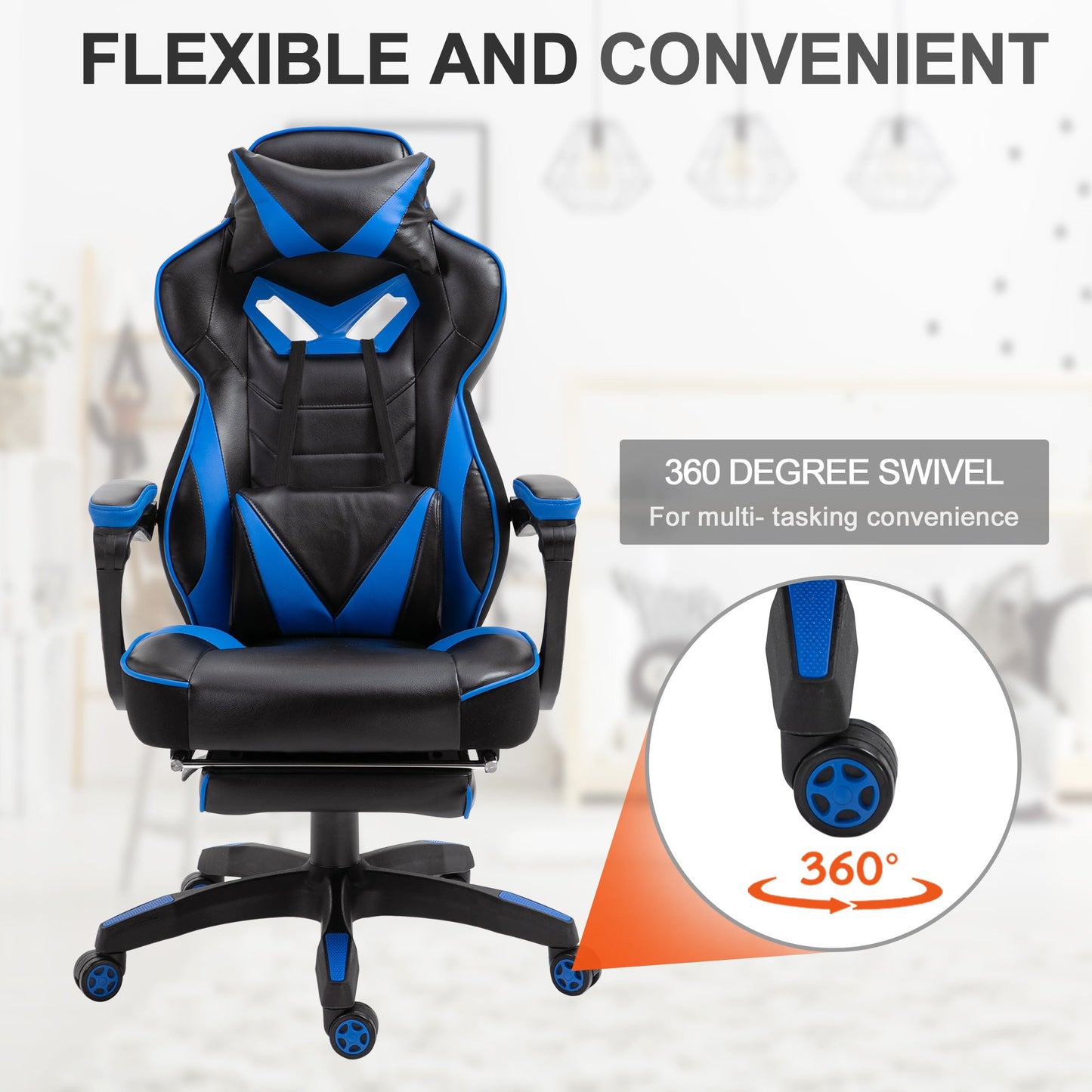 Vinsetto Faux Leather Reclining Gaming Chair, with Footrest - Blue/Black