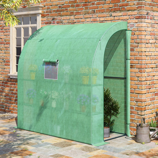 Outsunny Walk-In Lean to Wall Szklarnia z Oknami i Drzwiami, Zewnętrzna Szklarnia z 3 Poziomami 4 Półkami Drucianymi, 200L x 100W x 215Hcm, Zielony