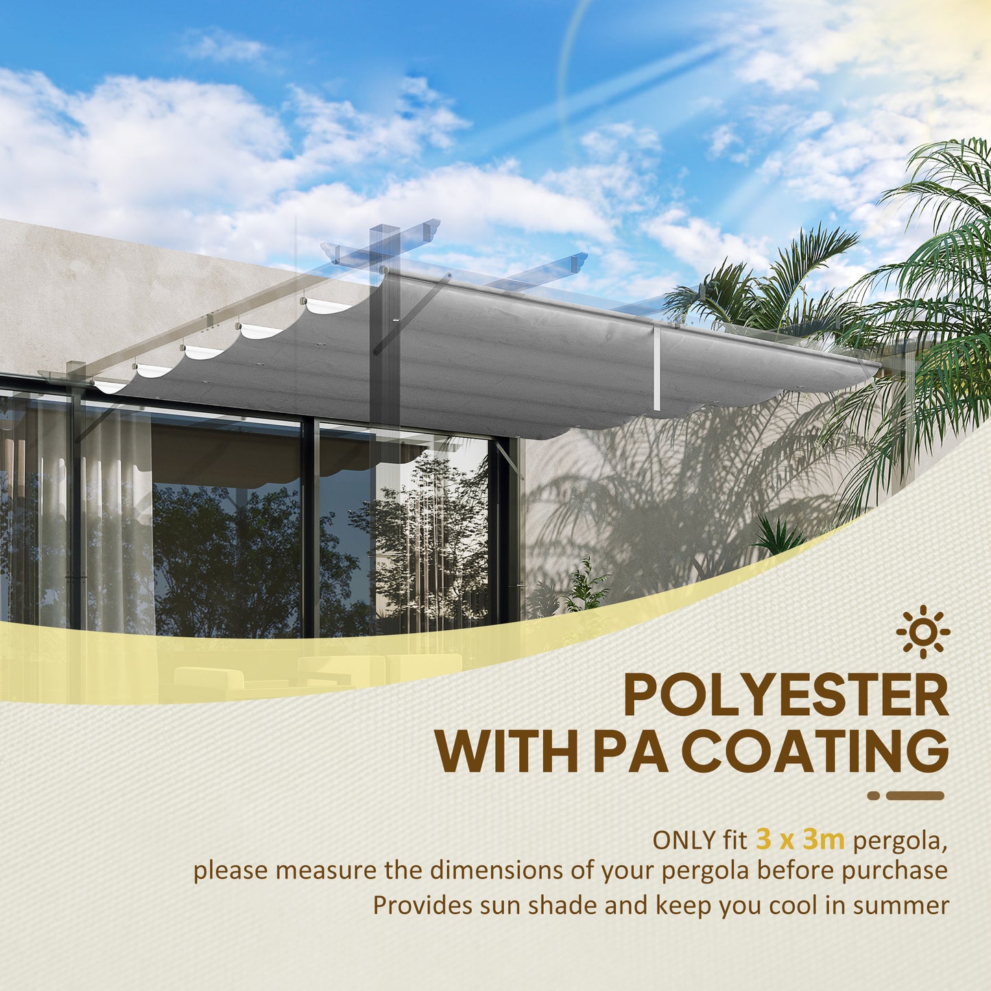 Osłona przeciwsłoneczna Outsunny Retractable Pergola Shade Cover, wymienna tkanina na baldachim do pergoli 3 x 3 (m), dach altany Retractable, jasnoszary