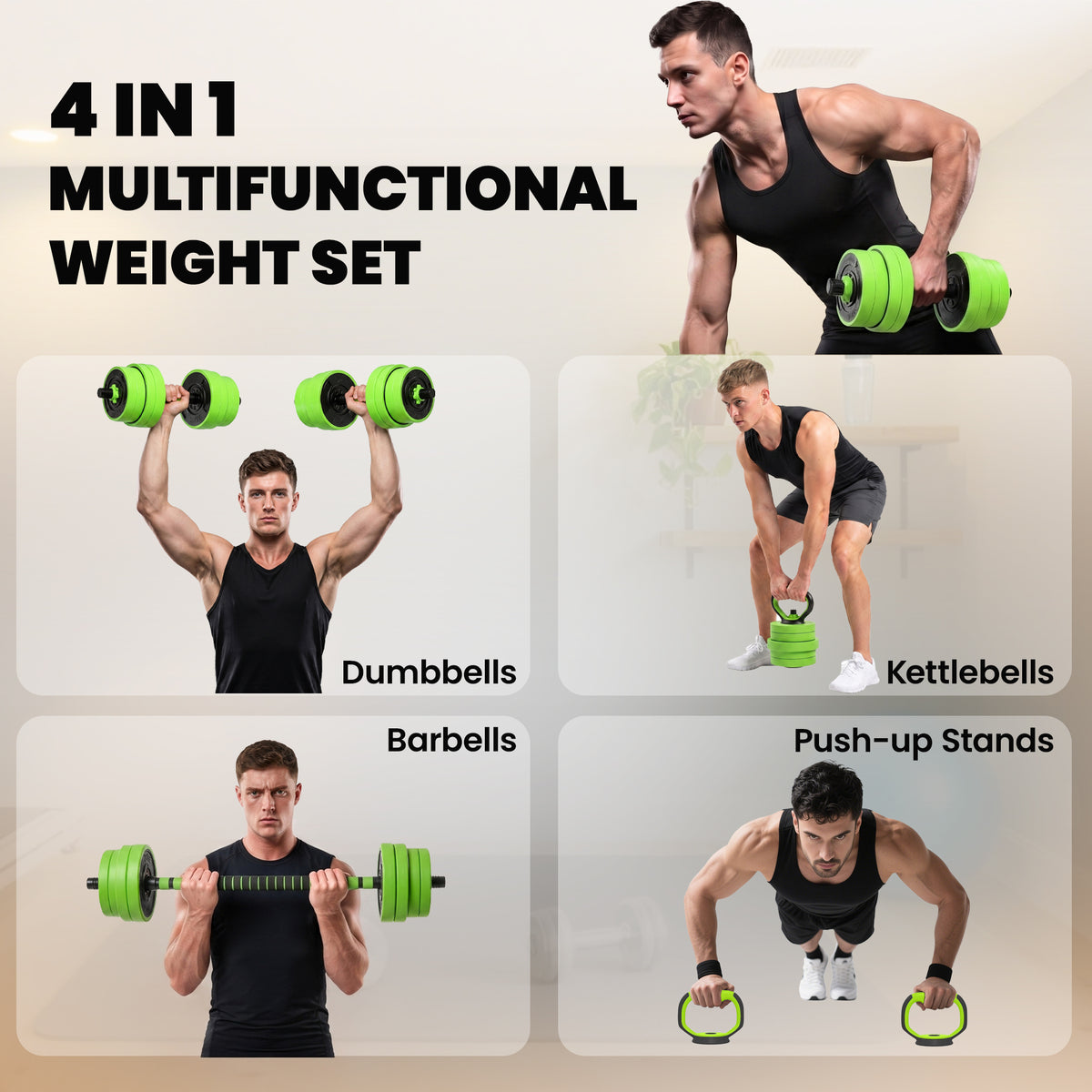 SPORTNOW 30kg 6-in-1 Adjustable Weight Dumbbells Set, Barbell, Kettlebell, Push Up Stand - Green