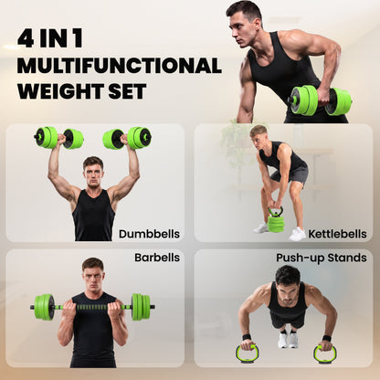 SPORTNOW 30kg 6-in-1 Adjustable Weight Dumbbells Set, Barbell, Kettlebell, Push Up Stand - Green