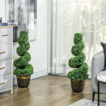 HOMCOM Set of 2 Artificial Plants, Topiary Spiral Boxwood Trees with Pot, for Home Indoor Outdoor Decor, 90cm