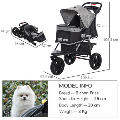 PawHut Dog Pushchair Folding Pet Stroller 3 Wheel Dog Jogger Travel Carrier Adjustable Canopy Storage Brake Mesh Window Grey