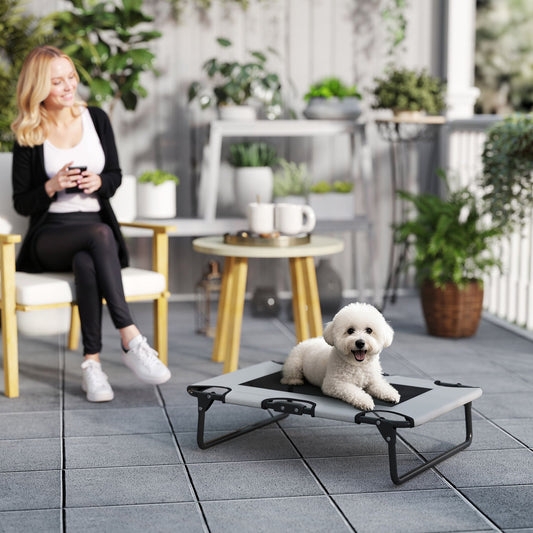 PawHut Portable Raised Dog Bed, Elevated Pet Cot with Breathable Mesh for Indoor Outdoor, for Small Medium Dogs, Light Grey