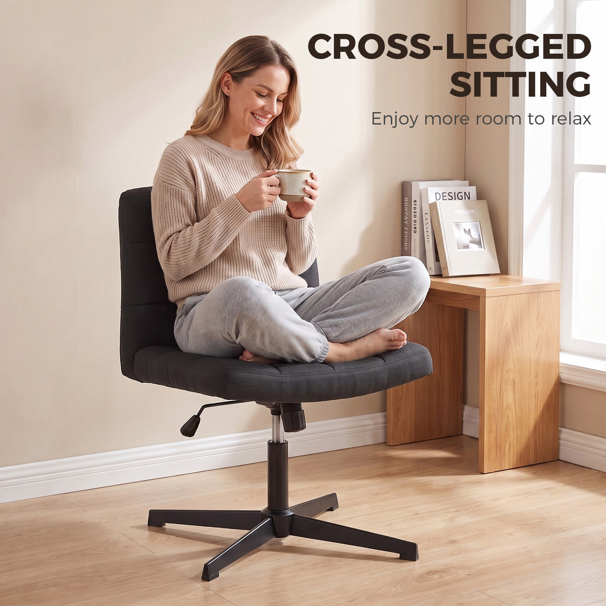 HOMCOM Armless Office Chair, Cross Legged Linen Computer Desk Vanity Chair with Wide Seat, Rocking Function, Black