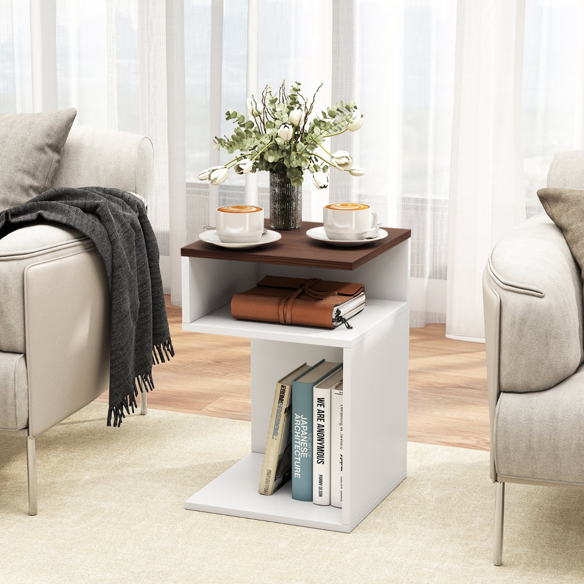 S-Shaped Side Table for Small Space with 2 Open Compartments-Walnut