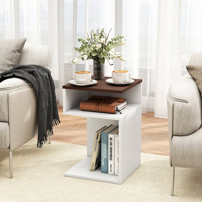 S-Shaped Side Table for Small Space with 2 Open Compartments-Walnut