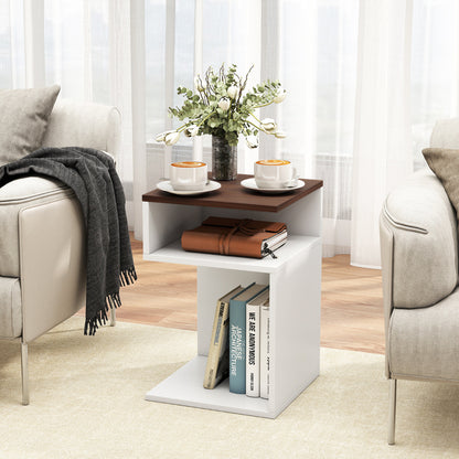 S-Shaped Side Table for Small Space with 2 Open Compartments-Walnut