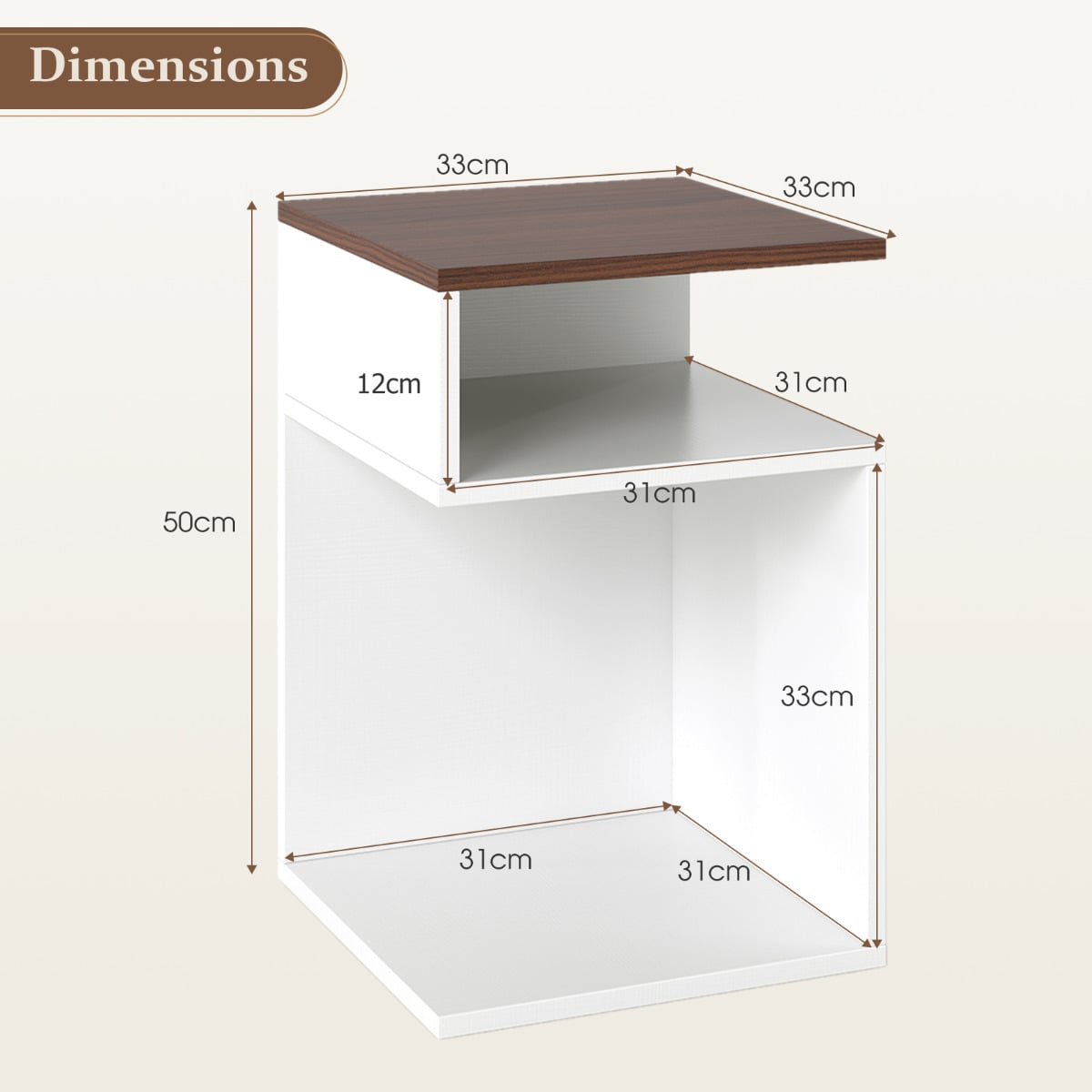 S-Shaped Side Table for Small Space with 2 Open Compartments-Walnut