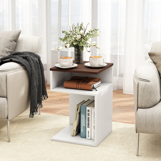 S-Shaped Side Table Set of 2 for Small Space with 2 Open Compartments-Walnut