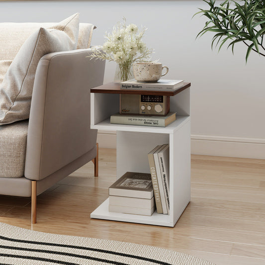 S-Shaped Side Table Set of 2 for Small Space with 2 Open Compartments-Walnut