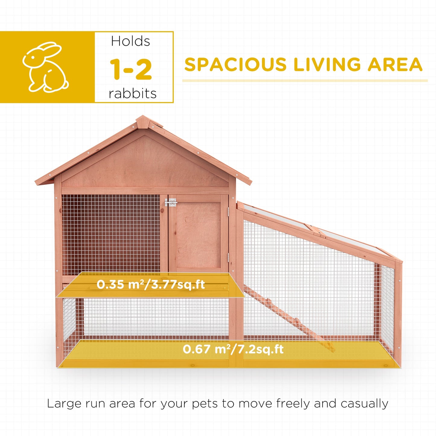PawHut 2 Tier Rabbit Hutch Outdoor Water Resistant Asphalt Roof Ramp Sliding Tray 144 x 64.5 x 100 cm - Natural wood