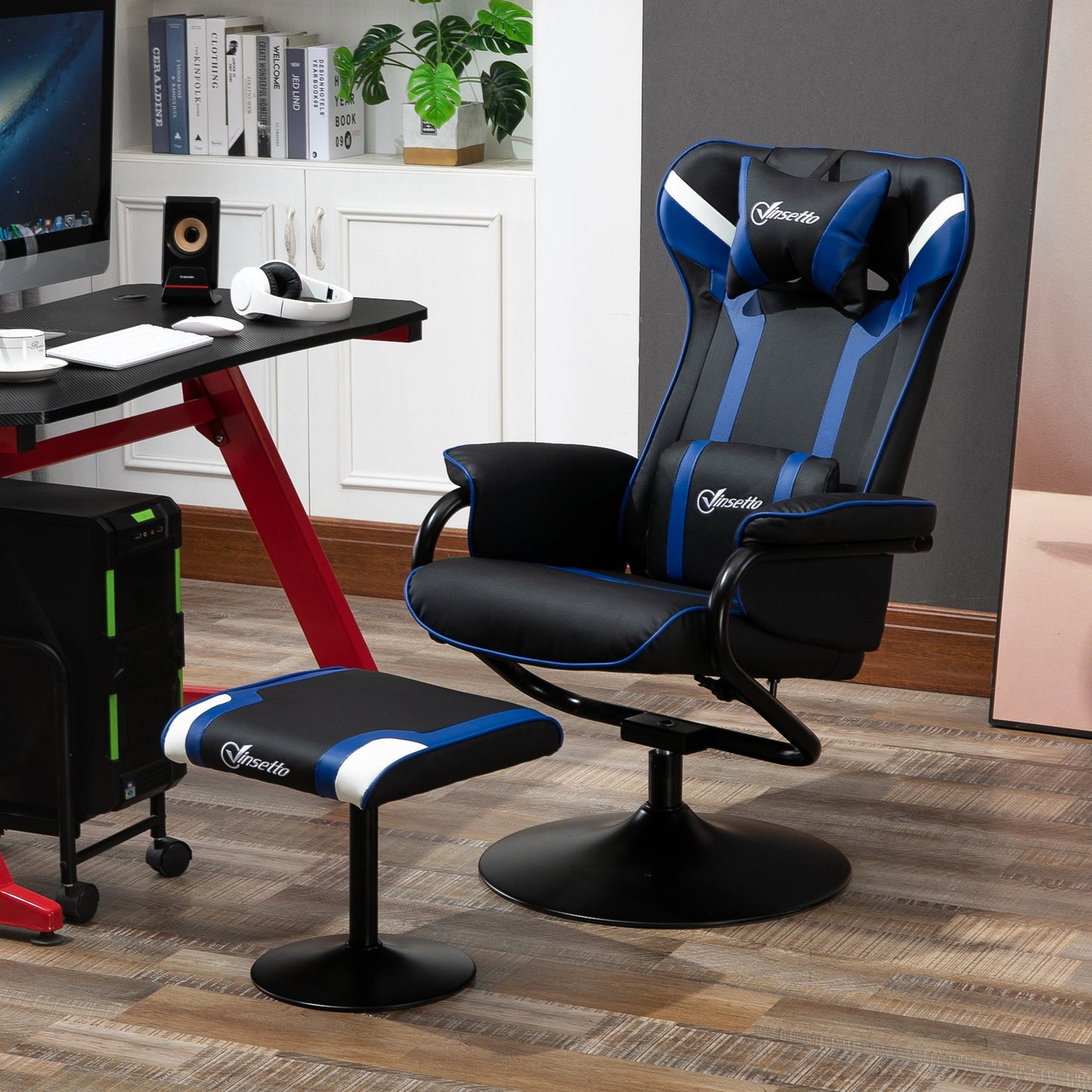 Vinsetto Reclining Chair and Stool Set, Recliner Chair with Headrest, Gaming Chair with Lumbar Support, Pedestal Base for Home Office, Blue