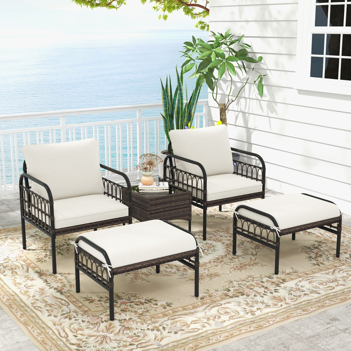 5 pcs. Rattan chair set with ottoman &amp; side table &amp; cushions garden chair patio chair