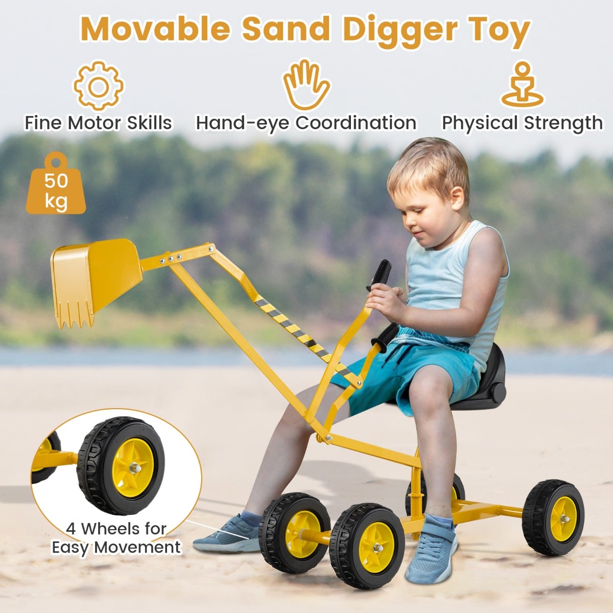 Sand Digger for Kids, Sandbox Toy Digger Outdoor Construction Excavator for 3+ Years Old Boys and Girls-Yellow