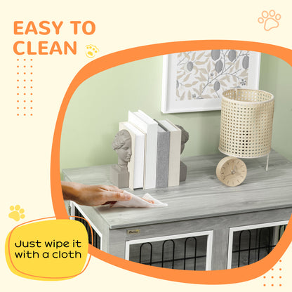 PawHut Dog Crate Furniture, Side End Table, Indoor Dog Kennel with Soft Washable Cushion, Wire Mesh, Large Top, for Medium and Large Dogs,90 x 58 x 65, Grey