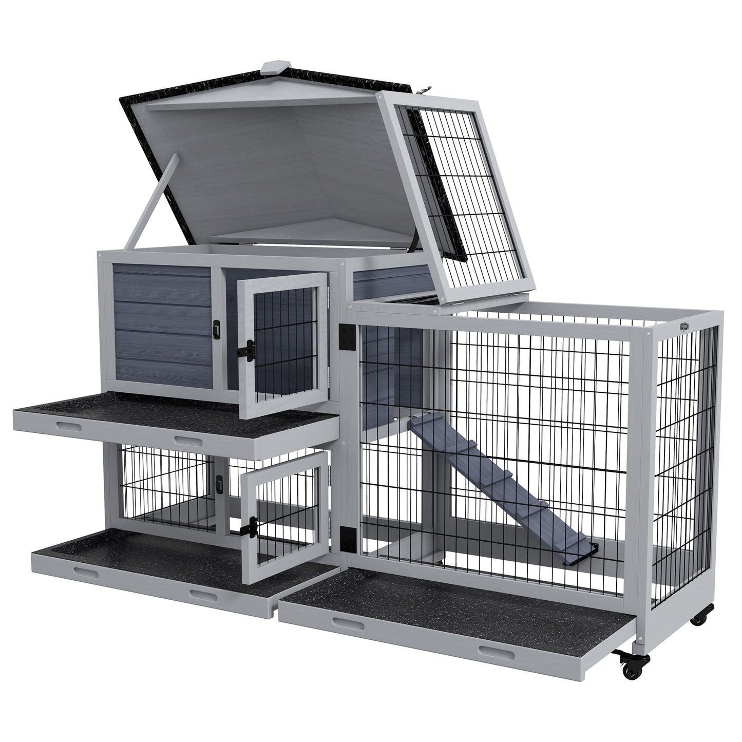 PawHut Portable Rabbit Cage, Rabbit Hutch with Run, Wheels, 3 Slide-out Trays, Ramp, Openable Top for Outdoor Indoor - Grey