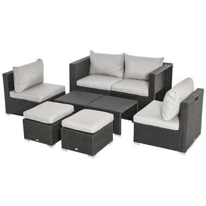 Outsunny 6-Seater Garden Rattan Wicker Sofa Set w/ Coffee Table, Wicker Weave Chair, Space-saving Footstool, Padded Cushions, Black