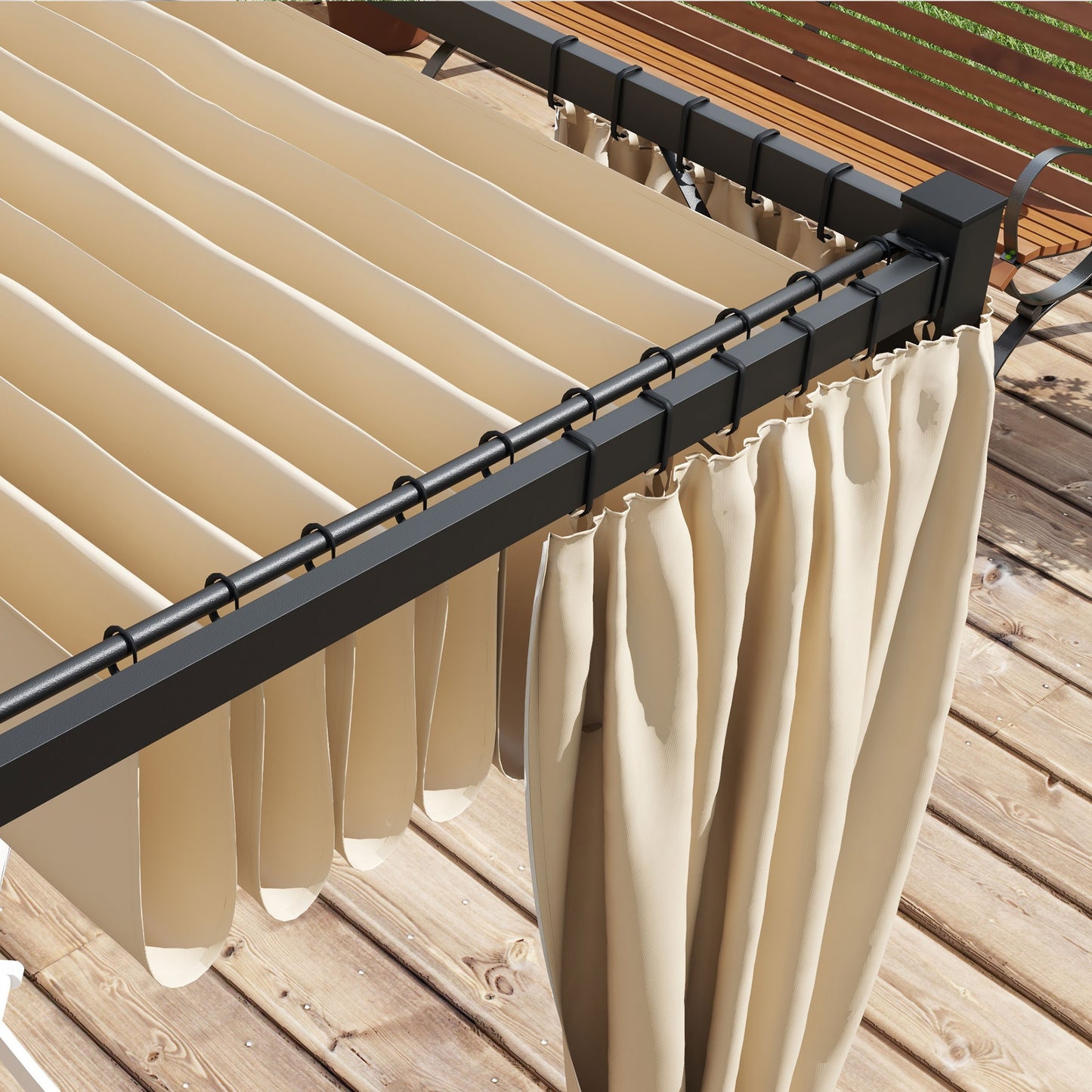 Outsunny 3 x 3(m) Rozsuwana pergola, altana ogrodowa z zasłonami, do grilla, na patio, pokład, beżowa