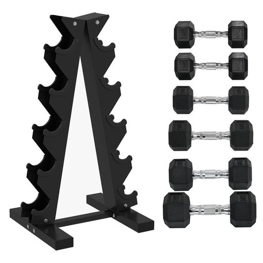 SPORTNOW 5-Tier Dumbbell Rack with 6 Hexagonal Rubber Dumbbells (2x4kg, 2x5kg, 2x6kg), Dumbbell Storage Stand Holder with Weights Sets for Home Gym Fitness, Black