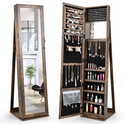 Standing Lockable Jewelry Storage Organizer with Full-Length Mirror-Brown
