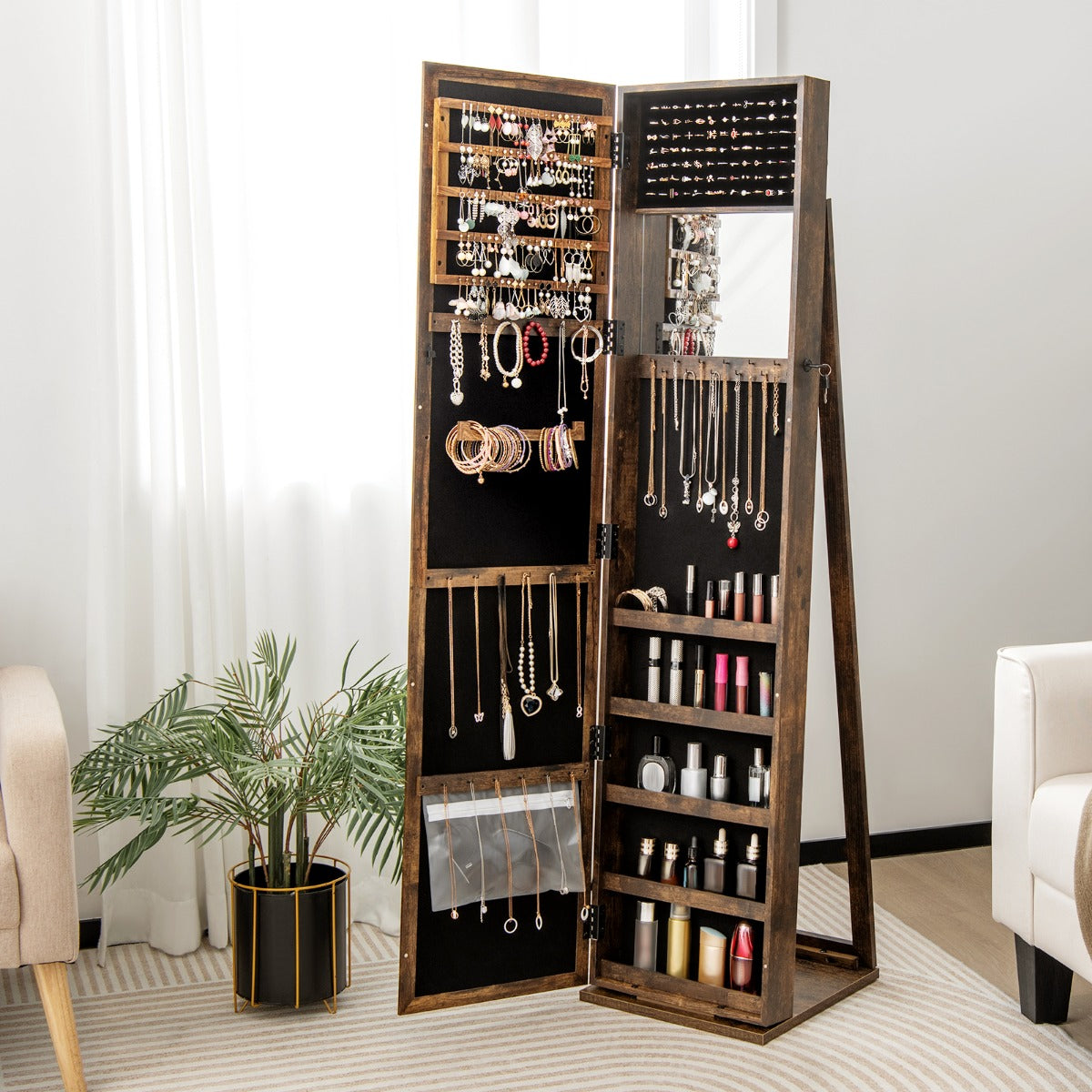 Standing Lockable Jewelry Storage Organizer with Full-Length Mirror-Brown