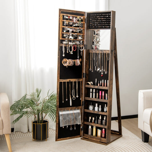 Standing Lockable Jewelry Storage Organizer with Full-Length Mirror-Brown
