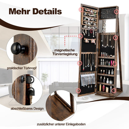 Standing Lockable Jewelry Storage Organizer with Full-Length Mirror-Brown