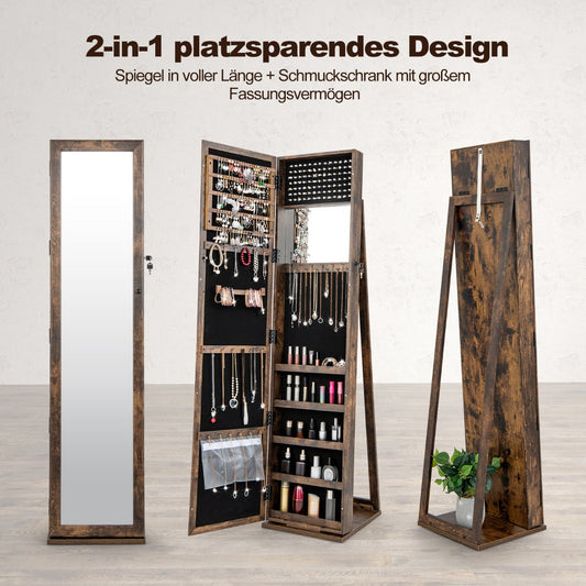 Standing Lockable Jewelry Storage Organizer with Full-Length Mirror-Brown