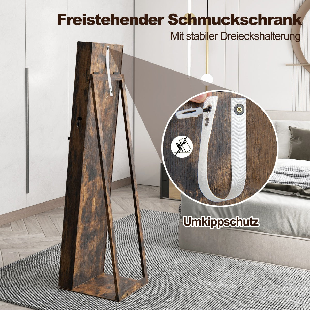 Standing Lockable Jewelry Storage Organizer with Full-Length Mirror-Brown