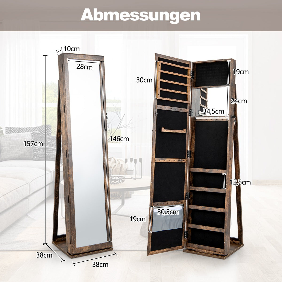Standing Lockable Jewelry Storage Organizer with Full-Length Mirror-Brown