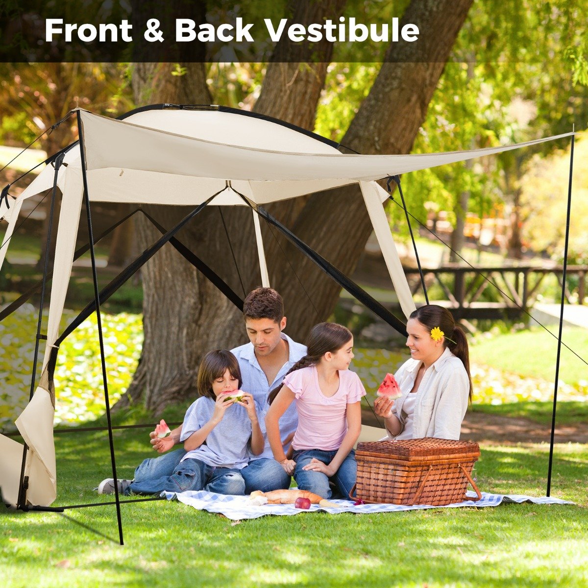 300 x 300 cm Screened Canopy Tent with Vestibule and Zippered Door-Beige
