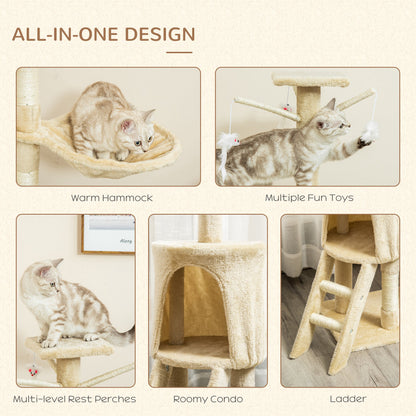PawHut Cat Tree for Indoor Cats 135cm Kitten Tower Scratching Post Kitty Scratcher Climbing Tower with Ladder, Beige