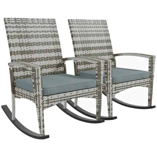 Outsunny Outdoor PE Rattan Rocking Chair Set of 2, Garden Rocking Chair Set with Armrest and Cushion, Light Grey