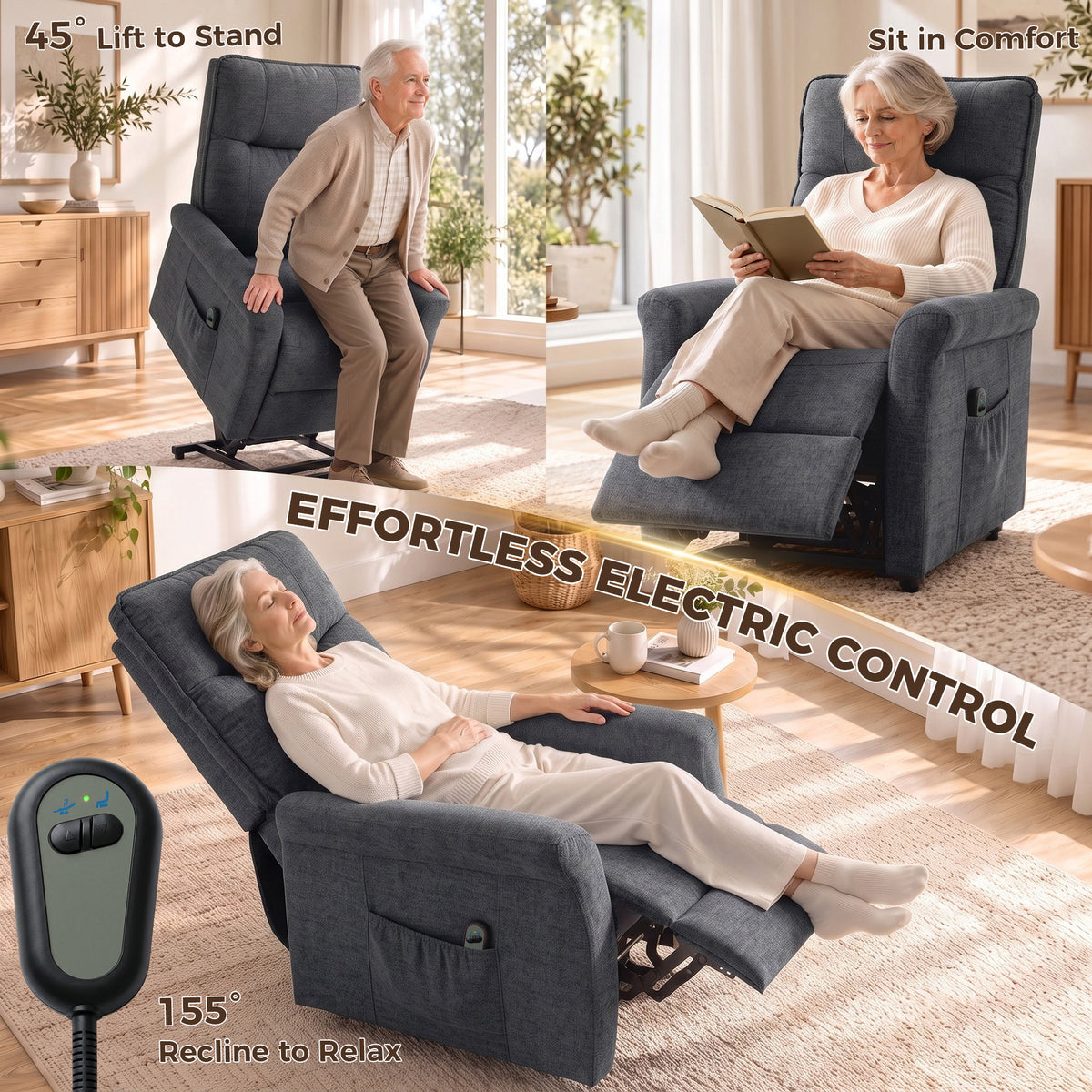 HOMCOM Power Lift Chair, Chenille Rise and Recliner Armchair with Pocket Spring, Footrest, Remote for Living Room, Dark Grey