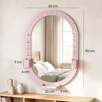 HOMCOM Oval Wall Mirror, 60 x 90 cm Decorative Hanging Mirror with Pegboard Frame, Wall-Mounted, Pink