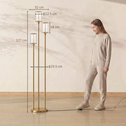 HOMCOM Floor Lamp with Shelves, 3-Light Crystal Standing Lamp with Glass Shades and Foot Switch, Bulbs Not Included, Gold Tone