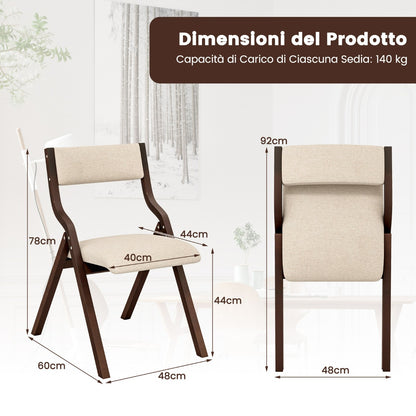 Set of 2 Folding Dining Chairs with Solid Wood Frame and Upholstered in Linen Fabric, Brown Kitchen Chairs
