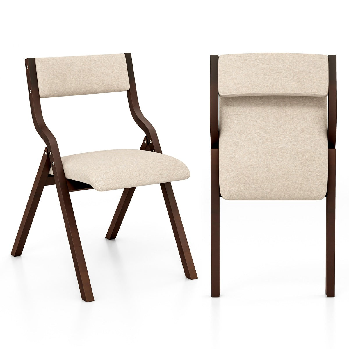 Set of 2 Folding Dining Chairs with Solid Wood Frame and Upholstered in Linen Fabric, Brown Kitchen Chairs