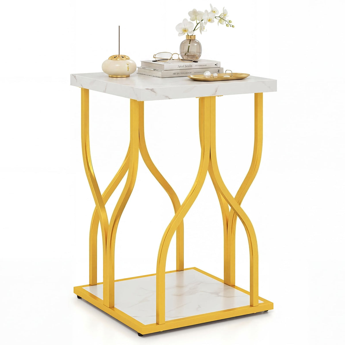 Set of 1 Faux Marble Nightstand in White